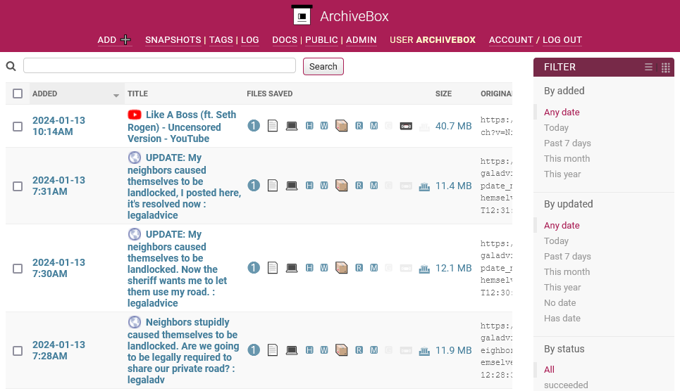 Screenshot of ArchiveBox dashboard